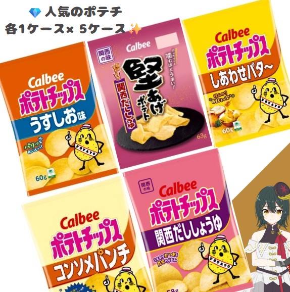 【栄幸PROネット売れ筋商品・関西限定商品】【うすしお味1ケース・コンソメパンチ1ケース・堅あげポテト関西だししょうゆ1ケース・しあわせバター1ケース・関西だし1ケース】ポテトチップス12入×5ケース　セット