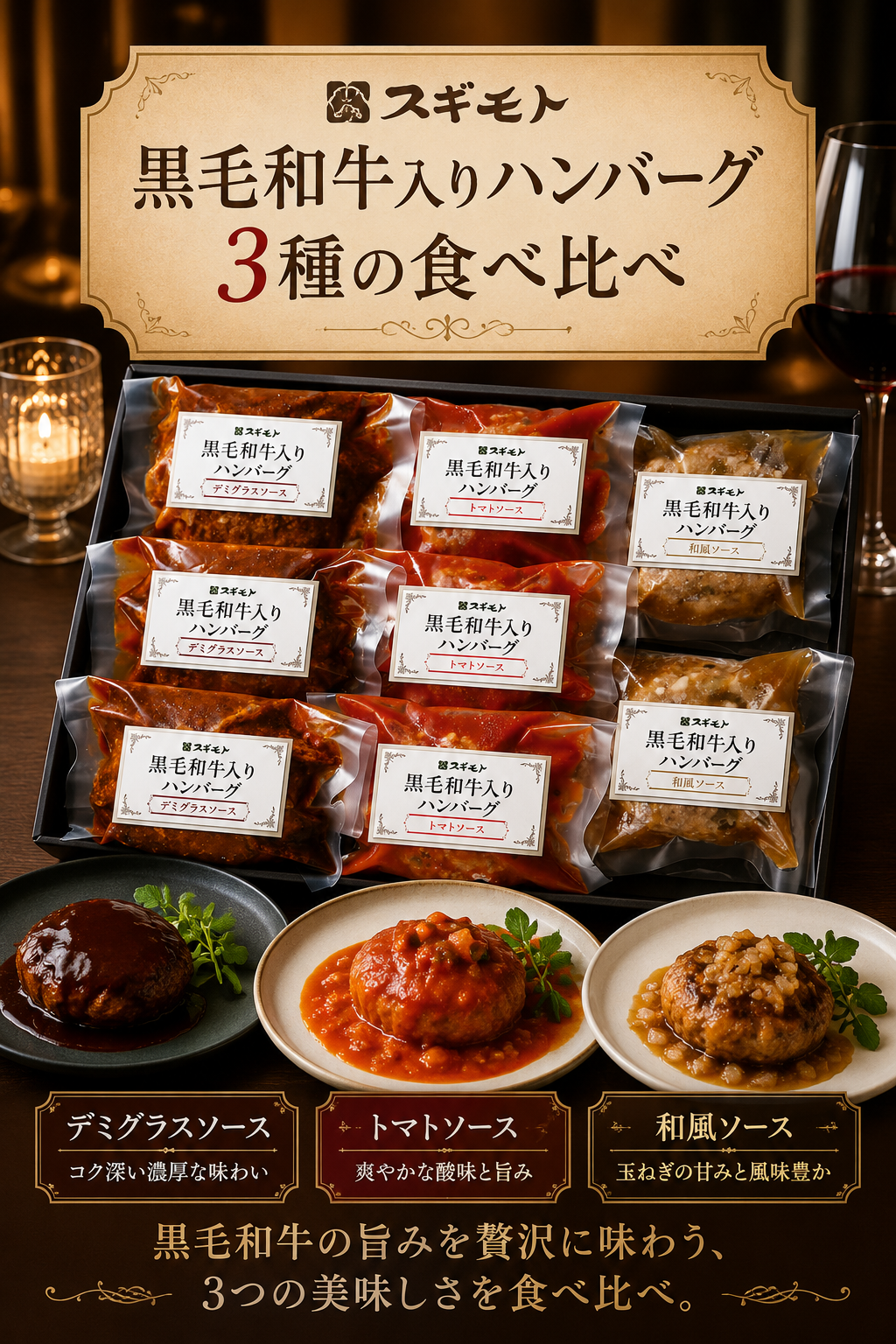 スギモト 黒毛和牛入りハンバーグ3種8個セット